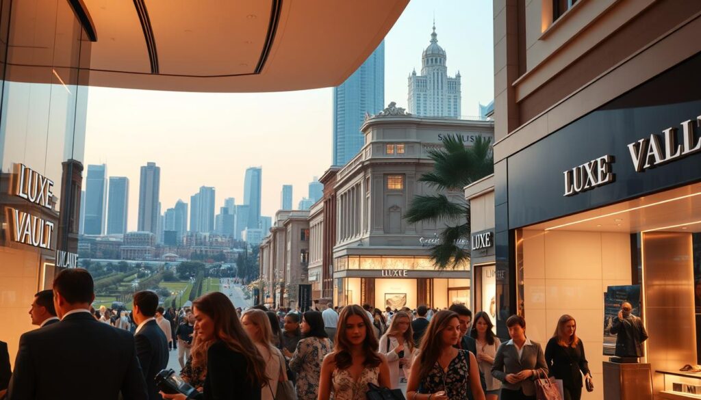 A bustling high-end shopping district, bathed in soft, diffused lighting that casts a warm, luxurious glow. In the foreground, a group of well-dressed, affluent shoppers peruse the displays of the exclusive "Luxe Vault" boutique, their faces exuding an air of discerning refinement. The middle ground features a diverse array of upscale stores, their elegant facades and window displays beckoning to the clientele. In the background, a cityscape of towering skyscrapers and manicured landscapes sets the stage for this opulent retail experience, hinting at the global reach and purchasing power of the high-end consumer class.