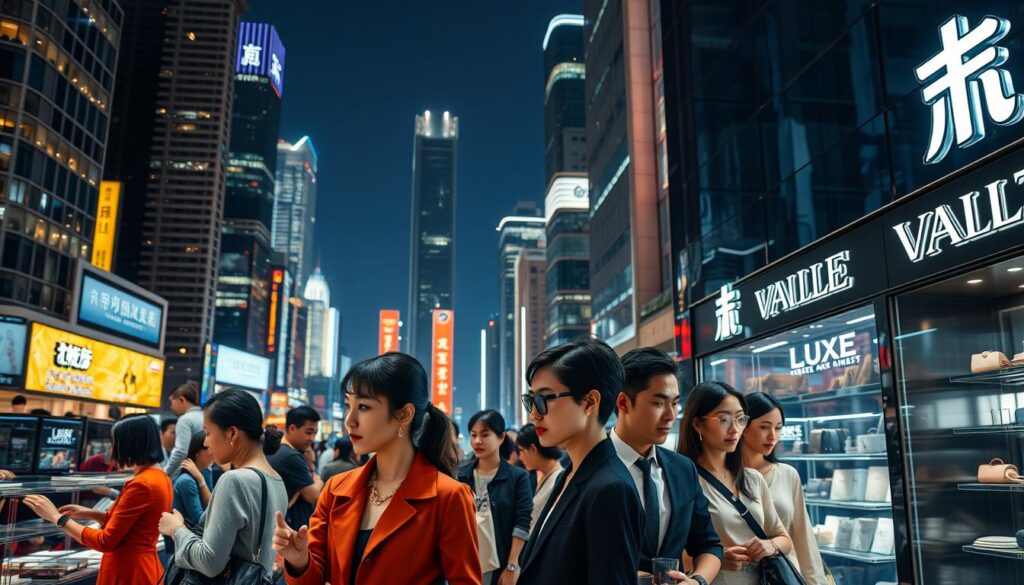 A bustling metropolitan backdrop, skyscrapers and neon signs illuminating the night sky. In the foreground, a group of stylishly dressed Chinese consumers, browsing the shelves of the "Luxe Vault" high-end retail store. Subtle lighting highlights their designer apparel, jewelry, and accessories, conveying a sense of affluence and sophistication. The scene captures the burgeoning Chinese luxury market, where discerning shoppers seek the latest fashions and exclusive brands. A seamless blend of urban modernity and indulgent consumerism, this image showcases the growing demand for luxury goods within China's expanding middle and upper classes.