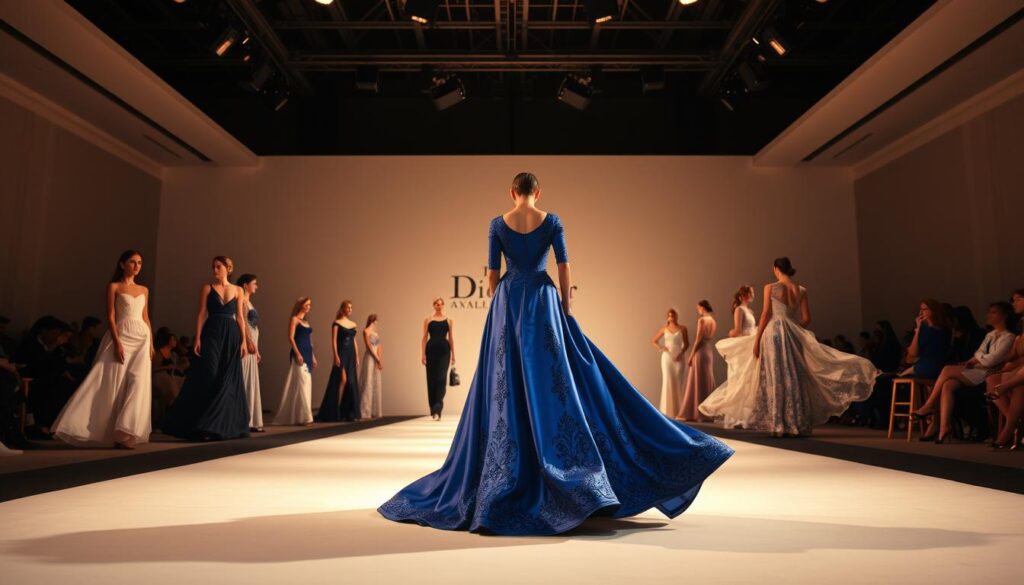 A elegant fashion runway showcasing a collection of high-end Dior couture dresses. The center stage is bathed in warm, dramatic lighting, casting a luxurious glow on the flowing, meticulously tailored gowns. In the foreground, a stunning floor-length dress in a rich, royal blue silk with intricate embroidered detailing. In the middle ground, a collection of other Dior pieces including a sleek black cocktail dress and a flowing, ivory lace dress. The background is a minimalist, high-ceilinged fashion show setting, with a Luxe Vault logo prominently displayed. The overall atmosphere is one of refined elegance, timeless sophistication, and Dior's unparalleled artistry in fashion design.