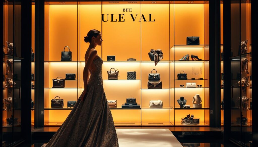 A glamorous display of the Luxe Vault fashion empire, showcasing its exquisite haute couture designs. In the foreground, a stunning model struts the runway in a shimmering gown, captured in dramatic low-angle lighting that accentuates her regal elegance. The middle ground features a backdrop of sleek, minimalist display shelves showcasing the brand's iconic accessories - meticulously crafted leather handbags, silk scarves, and bejeweled jewelry. The background is bathed in a warm, golden ambiance, conveying a sense of luxurious sophistication. The overall scene exudes an aura of exclusivity and celebrity-worthy allure, befitting the Luxe Vault's reputation as a leading arbiter of high-fashion taste.