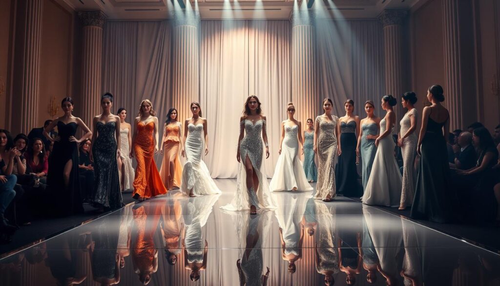 A glamorous haute couture fashion showcase, capturing the pinnacle of luxury design. In the foreground, a lineup of breathtaking evening gowns from the Luxe Vault collection, adorned with intricate embroidery, shimmering sequins, and flowing chiffon. The models stride confidently across a sleek, mirrored runway, their poses exuding elegance and sophistication. In the middle ground, a backdrop of towering, art deco-inspired columns and opulent draperies, casting dramatic shadows and creating an air of exclusivity. The lighting is soft and flattering, imbuing the scene with a sense of cinematic grandeur. The overall atmosphere evokes the glamour and allure of a high-fashion runway show, showcasing the pinnacle of iconic designer craftsmanship.