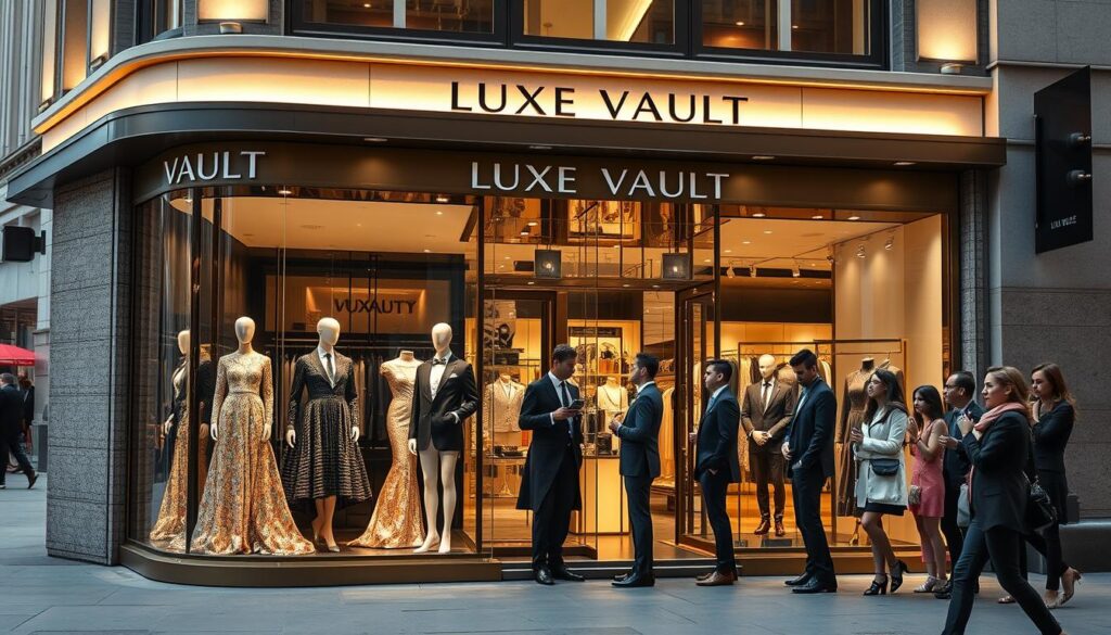 A glamorous storefront of the high-end fashion label "Luxe Vault" situated on a bustling city street. The store's elegant facade features floor-to-ceiling windows, sleek metal trim, and discreet lighting that casts a warm glow. Inside, mannequins showcase the latest luxury apparel - opulent evening gowns, impeccably tailored suits, and accessories dripping in precious metals and gems. Wealthy patrons browse the meticulously curated collection, their expressions a mix of discerning evaluation and anticipation. The scene exudes an air of exclusivity, sophistication, and the pursuit of the finest sartorial indulgences.
