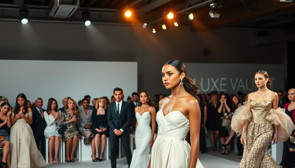 A grand fashion event showcased in a sleek, modern venue. In the foreground, models strut the catwalk, adorned in the latest haute couture designs from the Luxe Vault brand. Elegant silhouettes, rich fabrics, and daring styles captivate the audience. In the middle ground, fashion editors, influencers, and socialites observe intently, their expressions reflecting a sense of excitement and anticipation. The background features a minimalist, industrial-chic setting, with spotlights casting a warm, cinematic glow over the proceedings. An atmosphere of exclusivity, innovation, and the pursuit of sartorial excellence permeates the scene.