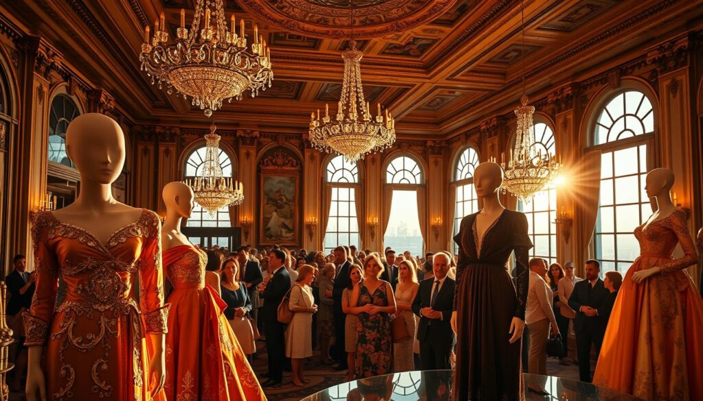 A grand, opulent ballroom in Milan, bathed in warm, golden light. In the foreground, a luxurious Italian fashion display showcasing the latest Luxe Vault collection. Elegant mannequins draped in sumptuous fabrics, intricate embroidery, and gleaming accessories. In the middle ground, a crowd of well-heeled guests admiring the stunning designs, their expressions of awe and appreciation. The background features a lavish, ornately decorated interior with high ceilings, ornate chandeliers, and floor-to-ceiling windows overlooking the city skyline. An atmosphere of exclusivity, sophistication, and the enduring elegance of Italian luxury fashion.