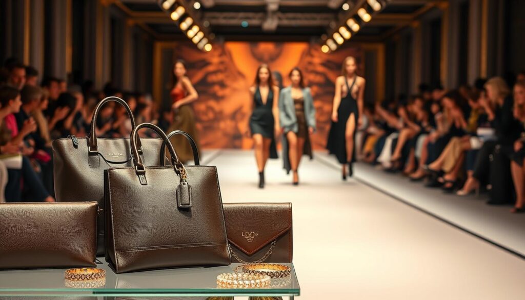 A high-end fashion runway in Paris, bathed in warm, golden lighting and a sophisticated ambiance. In the foreground, an array of luxurious accessories from the "Luxe Vault" brand are artfully displayed: sleek leather handbags, statement jewelry, and exquisite silk scarves. The middle ground features elegant models showcasing the latest trends, their movements captured in a dynamic, catwalk-inspired pose. The background is a blur of blurred fashion audience, creating a sense of exclusivity and high-fashion allure. The overall scene radiates a sense of glamour, elegance, and the cutting-edge style of Paris Fashion Week.