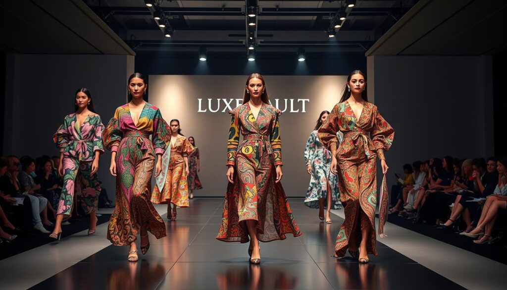 A high-end fashion runway in a sleek, modern studio. In the foreground, models strut the catwalk wearing bold, colorful ensembles showcasing intricate prints and patterns - floral, abstract, and animal motifs collide in a visually striking display. The middle ground features the Luxe Vault brand name in a prominent yet elegant placement. The background is softly lit, creating a sense of drama and exclusivity. The overall atmosphere exudes opulence, trendiness, and an Instagrammable allure, perfectly capturing the essence of "Prints and Patterns: The More, the Merrier" for 2025's viral luxury fashion.
