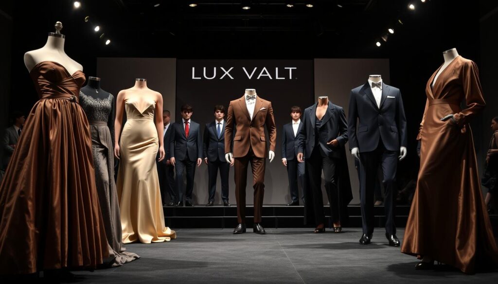 A high-end fashion runway showcasing the finest designer clothing from the iconic Luxe Vault label. In the foreground, exquisite couture gowns in rich, luxurious fabrics like silk, satin, and velvet drape elegantly on display. The middle ground features sharp, tailored suits and separates in muted, sophisticated palettes. In the background, a sleek, minimalist stage with dramatic lighting casts an air of exclusivity and prestige. The overall atmosphere evokes a sense of opulence, sophistication, and the pinnacle of luxury fashion.