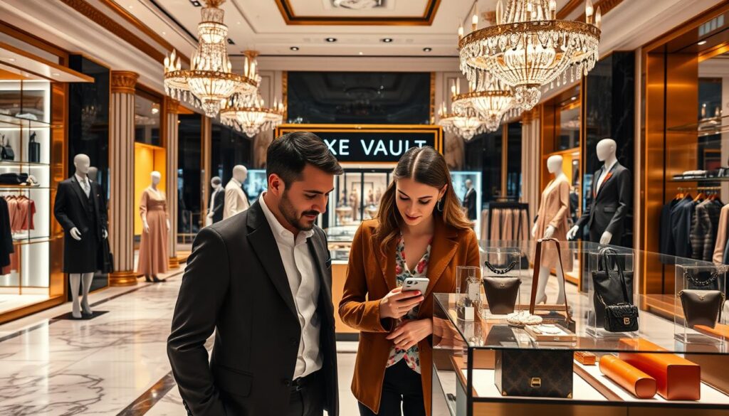 A high-end luxury department store, "Luxe Vault", showcases its latest designer fashion and accessories. Opulent interiors with grand marble floors, gilded accents, and sparkling chandeliers create an atmosphere of exclusivity. Elegant mannequins display the season's must-have items, enticing shoppers with the allure of status and prestige. Lush fabrics, gleaming leather goods, and meticulously crafted jewelry are lit by warm, dramatic lighting, casting an inviting glow. In the foreground, a well-dressed couple examines a display, their expressions conveying a sense of excitement and anticipation. The scene exudes a mood of sophisticated luxury, where the pursuit of luxury shopping motivations is palpable.