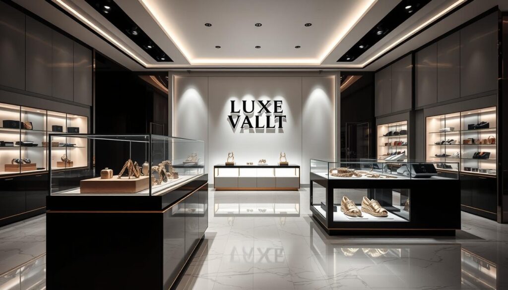 A high-end retail display showcasing the opulent "Luxe Vault" brand. In the foreground, a pristine glass display case presents a selection of gleaming luxury accessories, expertly lit to highlight their lavish details. The middle ground features a sleek, minimalist design aesthetic with polished marble floors and crisp, white walls. In the background, a dramatic chiaroscuro lighting setup casts dramatic shadows, conveying a sense of exclusivity and prestige. The overall mood is one of refined sophistication, where every element is carefully curated to create an immersive luxury experience.