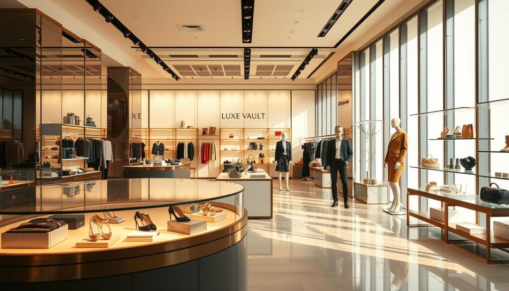 A high-end retail space flooded with natural light, showcasing a luxurious array of the latest fashion, accessories, and lifestyle products. In the foreground, a glass counter displays the "Luxe Vault" brand's exclusive collection, bathed in a warm, inviting glow. The middle ground features elegant display fixtures and stylish mannequins, dressed in the season's most coveted designer pieces. The background reveals a sleek, modern interior with minimalist decor, reflecting the brand's sophisticated aesthetic. The overall atmosphere exudes an air of exclusivity, refinement, and the promise of a truly indulgent shopping experience for the discerning high-end consumer.