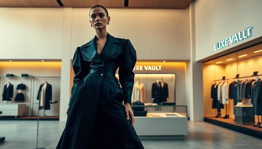 A high-fashion editorial featuring luxury Balenciaga pieces. In the foreground, a model poses gracefully in a sleek, avant-garde Balenciaga ensemble - voluminous silhouette, sharp tailoring, and innovative textile treatments. In the middle ground, the Luxe Vault luxury fashion boutique displays Balenciaga's latest collection, bathed in warm, directional lighting that highlights the brand's cutting-edge design. The background depicts a minimalist, architectural setting with clean lines and muted tones, emphasizing Balenciaga's focus on form and function. The overall mood is one of sophistication, innovation, and Balenciaga's position as a leader in high fashion.