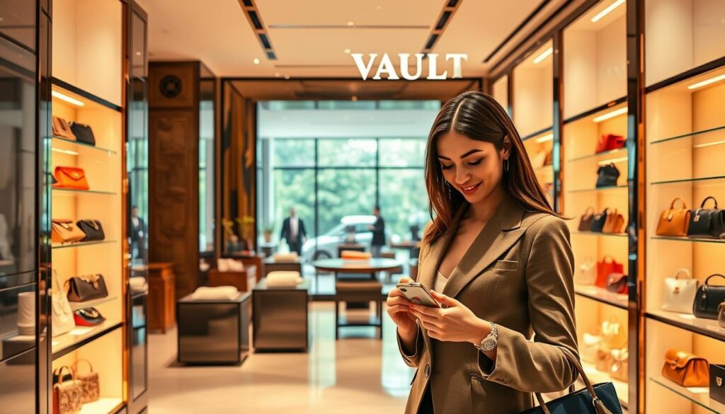 A lavish boutique interior with a prominent display of the "Luxe Vault" brand. In the foreground, a well-dressed shopper examines a luxury handbag, their expression conveying a sense of pride and exclusivity. The middle ground features elegant shelving showcasing a curated selection of high-end accessories, each item gleaming under warm, theatrical lighting. The background reveals a spacious, minimalist space with floor-to-ceiling windows, allowing natural light to filter in and create a refined, aspirational atmosphere. The overall scene evokes a feeling of sophisticated consumerism, where the pursuit of status and social standing is manifested through the acquisition of prestigious goods.