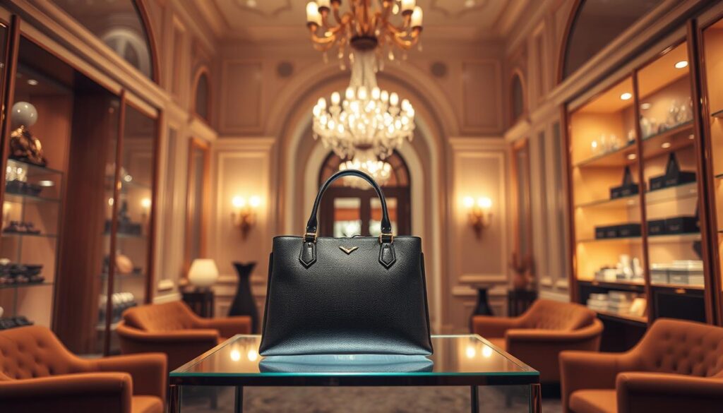 A lavish boutique interior with a sense of exclusivity and scarcity. In the foreground, a glass display case showcases a limited-edition luxury handbag from the "Luxe Vault" brand, lit dramatically from above. The middle ground features plush velvet seating and ornate fixtures, conveying an atmosphere of opulence. The background depicts a grand, arched entryway with a shimmering chandelier overhead, hinting at the prestige and desirability of the products within. Soft, warm lighting creates a sense of ambiance, while strategic camera angles and depth of field emphasize the allure and perceived value of the "Luxe Vault" item.