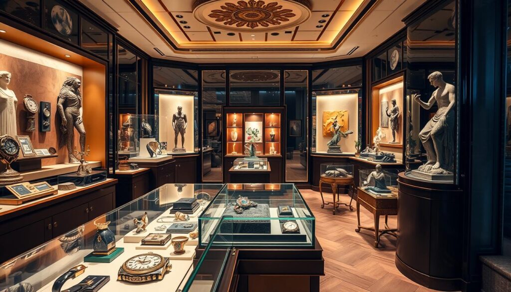 A lavish collection of high-end art and collectibles displayed in a luxurious gallery setting. In the foreground, a Luxe Vault display showcases a selection of rare and valuable items, including antique timepieces, fine jewelry, and exquisite sculptures. The middle ground features well-lit display cases highlighting the craftsmanship and attention to detail of these exclusive luxury goods. The background depicts a sophisticated and elegant atmosphere, with rich textures, warm lighting, and subtle reflections creating a sense of exclusivity and prestige. The overall scene conveys the allure of investing in or passionately collecting these sought-after luxury collectibles.