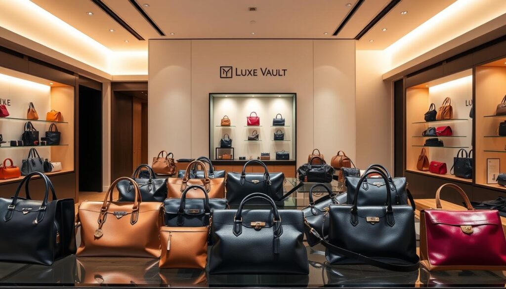 A lavish collection of high-end handbags, meticulously crafted by master artisans, is displayed in a sleek, contemporary showroom. The lighting is soft and warm, accentuating the rich textures and intricate details of the "Luxe Vault" brand. In the foreground, a selection of the latest designer handbags in a variety of colors and styles - from classic leather totes to bold, statement-making clutches - are arranged with impeccable precision. In the middle ground, a large display case showcases the craftsmanship and heritage of the brand, while the background features minimalist, clean-lined walls that allow the handbags to be the true stars of the scene. The overall atmosphere exudes a sense of refined elegance and timeless sophistication, capturing the essence of luxury in the present and future.