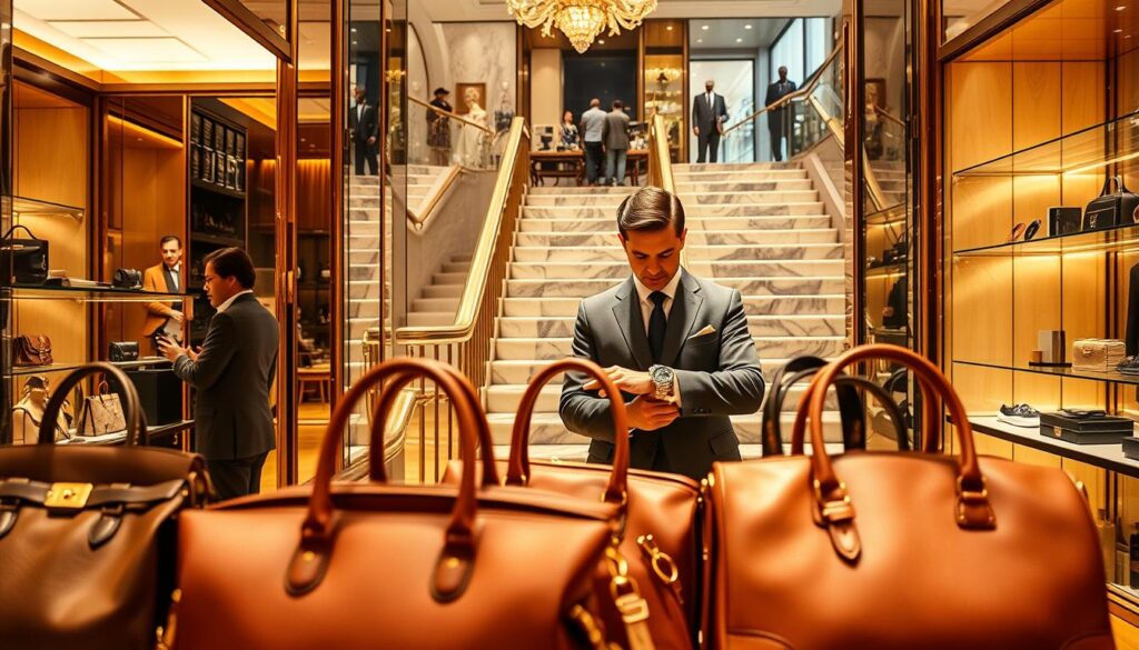 A lavish interior of the Luxe Vault, a high-end retail establishment. In the foreground, a display of exquisite handbags, their sleek leather and gleaming hardware bathed in warm, golden light. Mirrored shelves and glass showcases reflect the scene, creating a sense of depth and opulence. In the middle ground, a well-dressed customer examines a luxurious watch, their expression one of fascination and desire. The background features a grand, marble-clad staircase leading to an upper level, where more tempting displays of designer apparel and accessories await. The overall atmosphere exudes exclusivity, refinement, and the allure of indulging in the finer things in life.