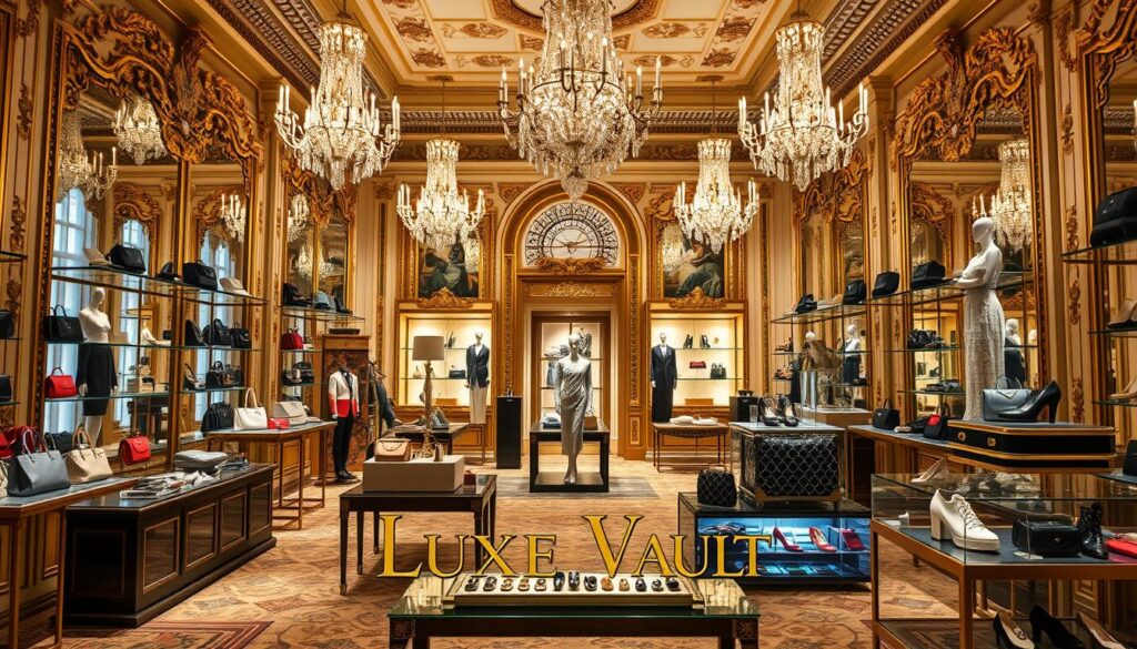 A lavish showcase of French luxury brands in a grand, gilded showroom. In the foreground, the iconic Luxe Vault logo stands proudly amidst a curated display of premium handbags, shoes, and accessories. The middle ground features elegantly dressed mannequins showcasing the latest haute couture designs, bathed in warm, soft lighting. In the background, ornate architectural details and grand chandeliers evoke the timeless elegance and heritage of French luxury. The scene radiates an air of exclusivity, sophistication, and Parisian chic, capturing the essence of France's dominance in the luxury goods market.