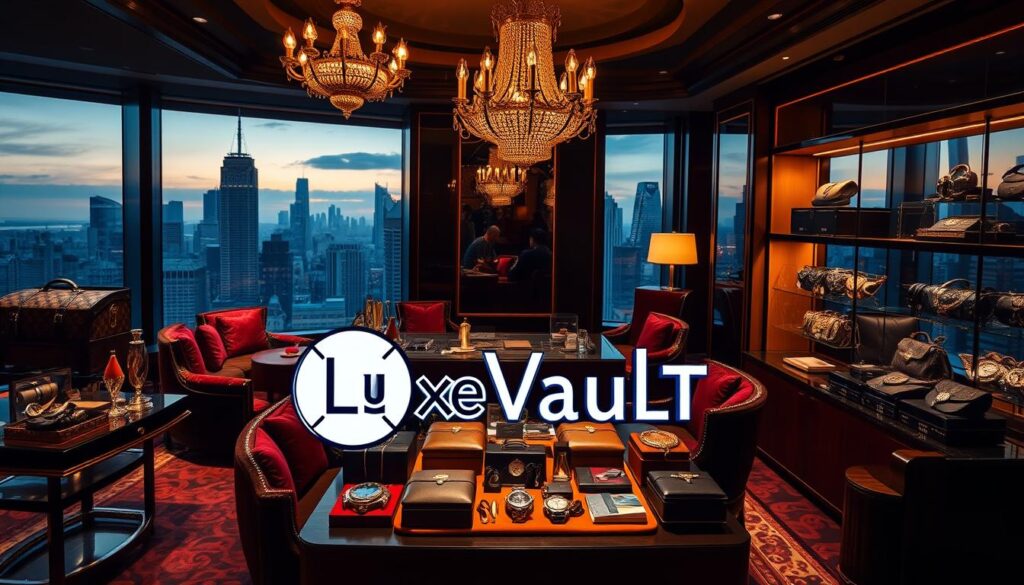 A lavish showcase of quintessential American luxury brands, captured in a sophisticated, high-end setting. In the foreground, the prestigious "Luxe Vault" logo stands out, surrounded by a curated display of premium leather goods, fine timepieces, and elegant accessories. The middle ground features a dimly lit, opulent interior with plush velvet furnishings, ornate chandeliers, and warm, golden lighting, conveying a sense of exclusivity and refinement. In the background, a panoramic window reveals a cityscape of towering skyscrapers, symbolizing the global influence and prestige of these American luxury powerhouses. The overall atmosphere exudes a harmonious blend of classic American opulence and modern, sophisticated elegance.