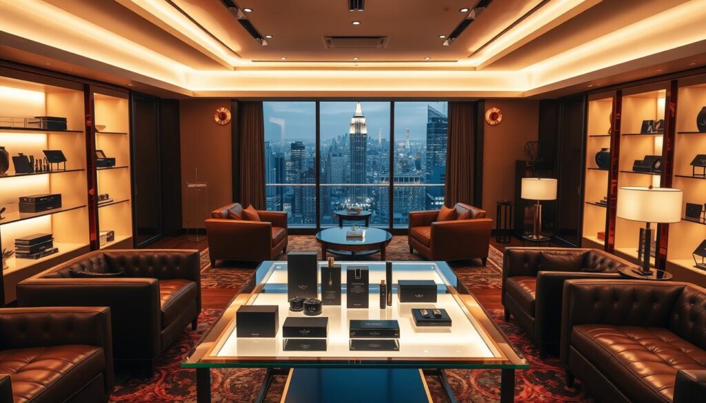 A lavishly furnished high-end e-commerce showroom, bathed in warm, soft lighting that casts a luxurious glow. In the foreground, a sleek display table showcases the latest products from the "Luxe Vault" luxury brand, their elegant lines and premium materials shimmering under the carefully curated illumination. The middle ground features plush leather armchairs and a modern glass-topped coffee table, inviting visitors to immerse themselves in the refined shopping experience. In the background, floor-to-ceiling windows offer a glimpse of a bustling city skyline, emphasizing the sophisticated, urban setting. The overall atmosphere exudes an air of exclusivity, refinement, and the seamless blend of physical and digital luxury retail.