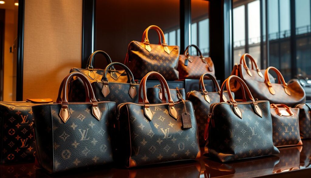 A luxurious display of Luxe Vault's finest Louis Vuitton handbags, meticulously crafted with the brand's iconic Monogram canvas and polished hardware. The bags are arranged in a visually striking tableau, each piece showcasing the brand's timeless elegance and attention to detail. Soft, warm lighting casts a refined glow, highlighting the supple leather and reflecting off the gleaming metal accents. The scene exudes an air of sophistication and exclusivity, capturing the essence of Louis Vuitton's enduring legacy as a true leader in the world of luxury fashion.