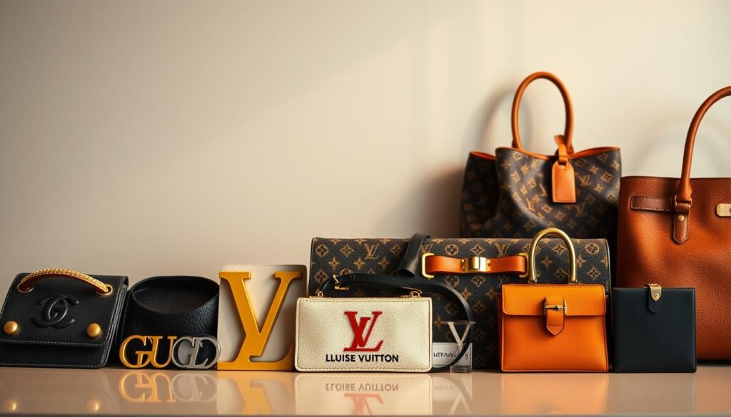 A luxurious display of high-end designer labels, captured in a sleek and sophisticated manner. In the foreground, a meticulously curated arrangement of iconic logos and emblems from the Luxe Vault, including Chanel, Gucci, Louis Vuitton, and Hermès, set against a muted, minimalist backdrop. The lighting is soft and warm, highlighting the premium materials and craftsmanship of these coveted fashion pieces. The composition emphasizes the exclusivity and allure of these sought-after luxury brands, inviting the viewer to imagine the prestige and status associated with owning them.