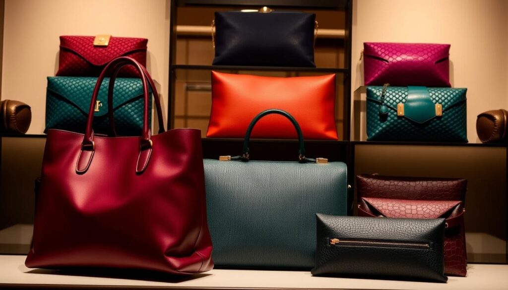 A luxurious display of statement pieces from the Luxe Vault collection. In the foreground, a stunning satin-finish leather tote in a rich burgundy hue, its sleek lines and bold hardware commanding attention. In the middle ground, a structured saffiano leather briefcase in a deep forest green, its sharp silhouette and gold-toned accents exuding sophistication. The background features a series of meticulously crafted clutches in various jewel-toned shades, their textured surfaces and sculptural shapes creating a visually compelling display. The lighting is soft and warm, casting a subtle glow that enhances the luxurious materials and craftsmanship. The overall scene evokes a sense of timeless elegance and modern opulence.