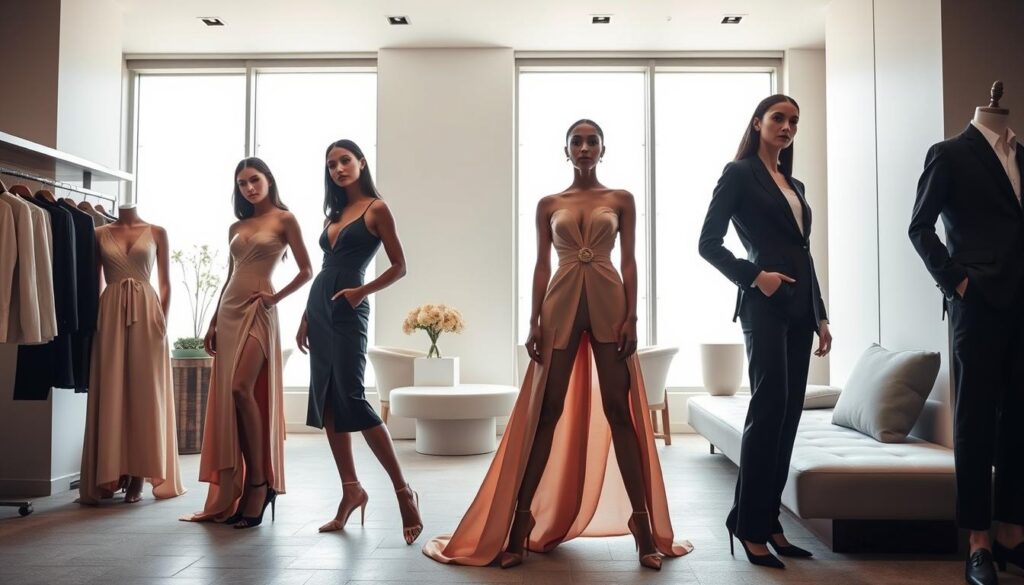 A luxurious fashion atelier, the sleek Luxe Vault showcases sustainable couture. Elegant models pose gracefully, showcasing a lineup of chic dresses and tailored suits crafted from eco-friendly fabrics. Soft natural lighting filters through large windows, casting a warm glow on the scene. In the background, minimalist decor and clean lines create a serene, high-end ambiance. The overall impression is one of refined opulence and environmental consciousness, capturing the essence of sustainable luxury fashion.