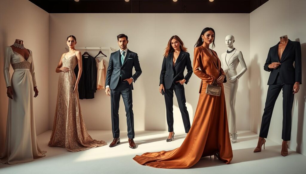 A luxurious fashion editorial featuring a Luxe Vault display of high-end garments. Elegant models pose gracefully, showcasing couture dresses, tailored suits, and opulent accessories in a minimalist studio setting. Soft, diffused lighting creates a sophisticated ambiance, with shadows and highlights accentuating the textural details of the fabrics. The models' hair and makeup are impeccably styled, reflecting the latest trends in luxury fashion. The overall composition exudes an air of exclusivity, refinement, and aspirational style, perfectly capturing the essence of "Styling Tips from Fashion Influencers".