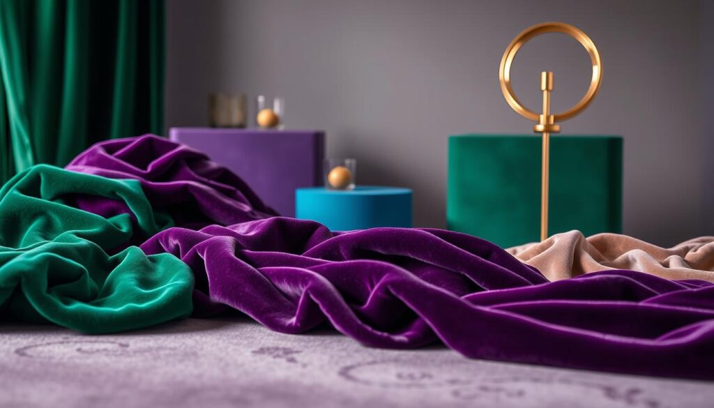 A luxurious fashion palette, showcasing the alluring hues that define the Luxe Vault brand. In the foreground, a breathtaking arrangement of plush velvet fabrics in rich, jewel-toned shades of emerald, sapphire, and amethyst, captured in soft, diffused lighting. In the middle ground, sleek, metallic accents in gold and silver create a sense of opulence, while the background features a minimalist, muted backdrop that allows the colors to take center stage. The overall mood is one of refined elegance and sophistication, perfectly capturing the essence of the "Color Palettes Dominating Fashion This Year."