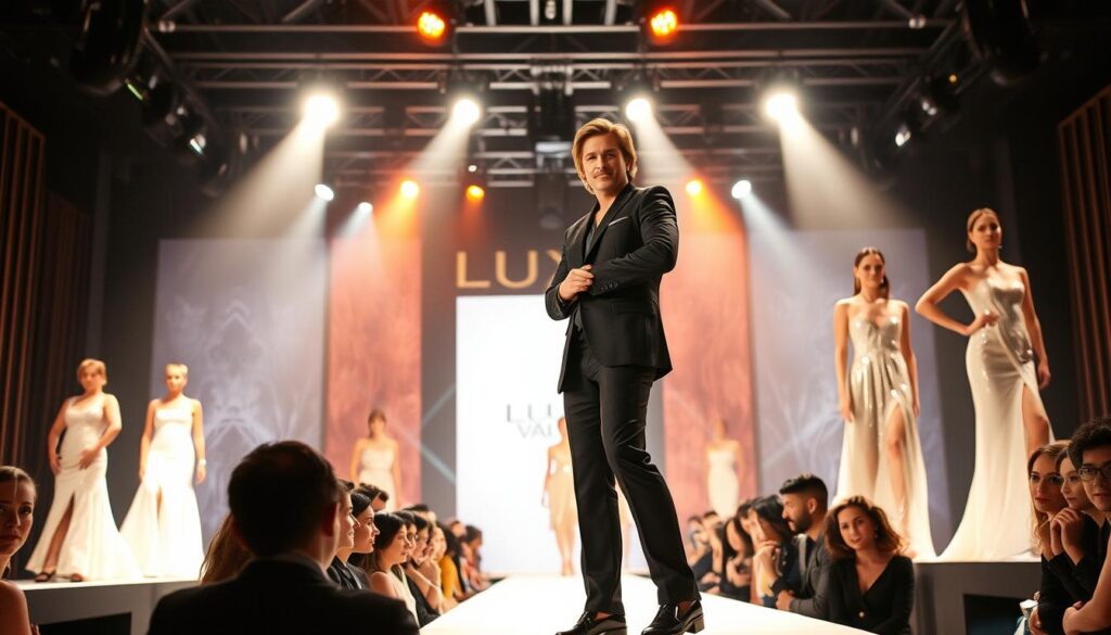 A luxurious fashion runway, illuminated by dramatic spotlights, showcases models donning the latest designs from the exclusive "Luxe Vault" label. In the foreground, a well-known celebrity stands tall, endorsing the collection with a confident, elegant pose. The middle ground features a crowd of onlookers, their expressions a mix of awe and admiration, captivated by the opulent display. The background is a stylized, high-end backdrop, accentuating the prestige and exclusivity of the event. The overall scene conveys the powerful influence of celebrity endorsements in driving the perceived value and pricing of these premier fashion items.