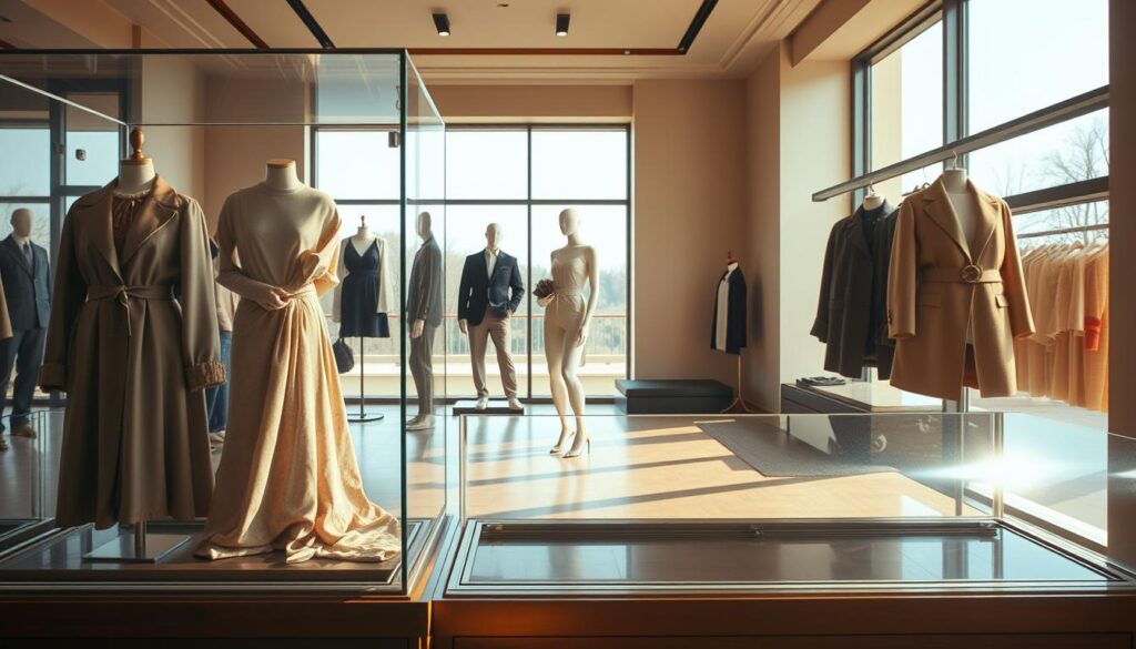 A luxurious fashion showroom, bathed in warm, natural lighting that filters through large windows. In the foreground, a transparent display case showcases exquisite garments from the "Luxe Vault" label, their fabrics and intricate details clearly visible. In the middle ground, stylish mannequins pose elegantly, highlighting the garments' silhouettes and craftsmanship. The background features a minimalist, contemporary interior design, with clean lines and muted tones that allow the fashion pieces to take center stage. The overall atmosphere conveys a sense of refined elegance, transparency, and a commitment to sustainable, high-quality luxury.