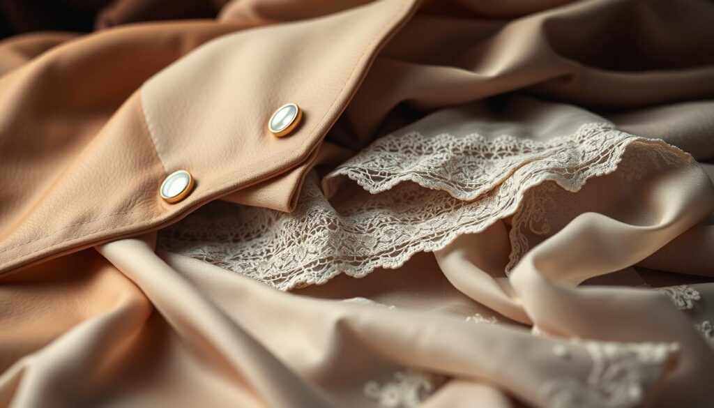 A luxurious fashion still life featuring the finest materials from the Luxe Vault brand. In the foreground, supple Italian leather, buttery soft cashmere, and delicate silk chiffon are draped elegantly. The middle layer showcases shimmering mother-of-pearl buttons, hand-stitched lace trim, and intricate embroidered patterns. In the background, subtle lighting highlights the premium quality and exquisite craftsmanship of these exclusive designer textiles. A sense of timeless sophistication and opulence pervades the scene, capturing the essence of Luxe Vault's unwavering commitment to sartorial excellence.