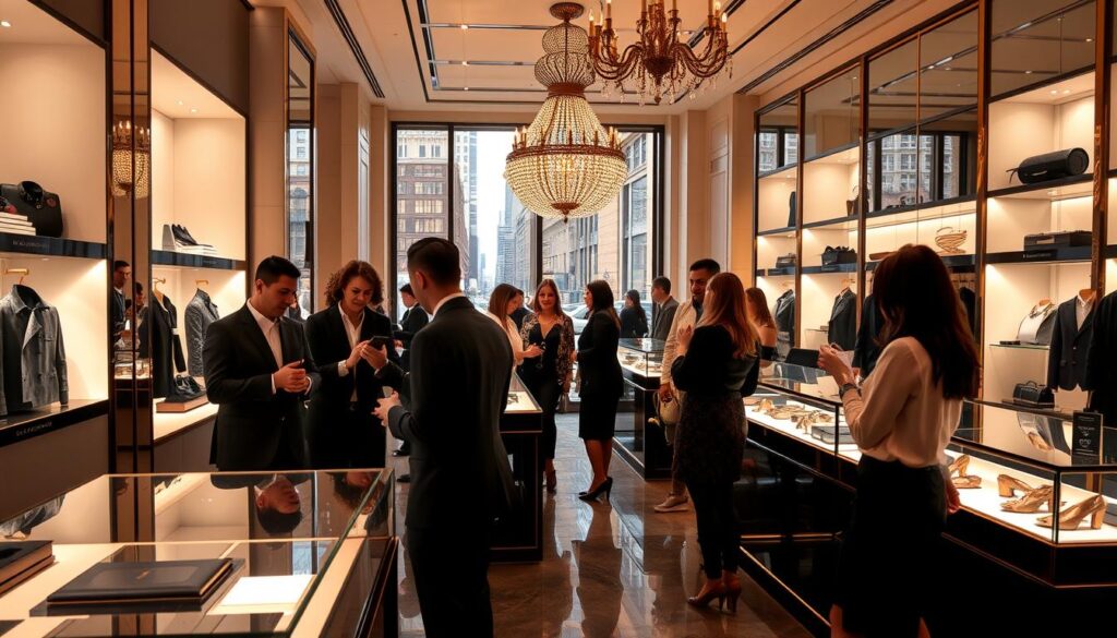 A luxurious interior scene featuring high-end consumers browsing the Luxe Vault boutique. Soft, warm lighting illuminates the elegantly appointed showroom, with sleek display cases showcasing premium apparel, accessories, and jewelry. Stylishly dressed individuals examine the exclusive merchandise, some engaged in animated conversation, others thoughtfully considering their purchases. The atmosphere conveys a sense of refined sophistication and exclusivity, reflecting the aspirational nature of the luxury brand experience. A large, ornate chandelier casts a subtle glow over the scene, while floor-to-ceiling windows offer a glimpse of a bustling urban cityscape outside.