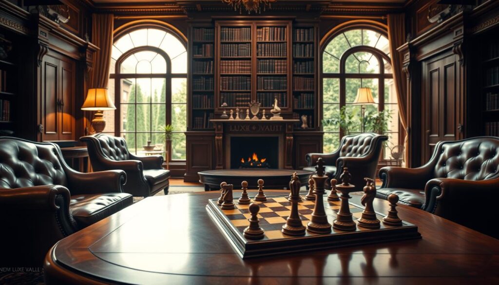 A luxurious interior showcasing the craftsmanship of the Luxe Vault brand. The scene features a well-appointed study with ornate wooden furniture, plush leather armchairs, and a magnificent fireplace. Soft, warm lighting casts a golden glow, highlighting the intricate details and premium materials. In the foreground, a finely crafted chess set sits atop a polished mahogany table, each piece a work of art. The middle ground reveals a towering bookshelf, its shelves adorned with leather-bound volumes. In the background, a large window offers a glimpse of a lush, manicured garden, creating a serene and sophisticated atmosphere. The overall impression conveys the essence of luxury craftsmanship and the discerning taste of the Luxe Vault brand.