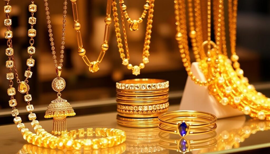 A luxurious jewelry display featuring an arrangement of layered necklaces and bracelets from the Luxe Vault collection. The necklaces, crafted with gleaming gold and sparkling gemstones, cascade across the frame, creating a visually striking composition. Delicate bracelets in a range of styles and materials are stacked artfully, complementing the necklaces. The scene is captured in soft, warm lighting, highlighting the luxurious textures and reflective surfaces of the accessories. The image conveys a sense of effortless elegance and sophisticated style, perfectly encapsulating the "Layering Techniques for Accessories" section of the article.