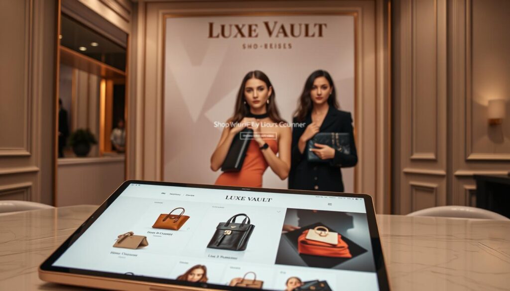 A luxurious online shopping experience, showcasing the "Luxe Vault" brand. In the foreground, a sleek, minimalist website interface displays a curated selection of high-end products, their surfaces gleaming under soft, diffused lighting. The middle ground features stylish models posing with the items, their expressions conveying a sense of exclusivity and refinement. In the background, a elegant, muted color palette and subtle textures evoke a sophisticated, premium atmosphere. The overall scene captures the allure of discovering and purchasing luxury goods through a seamless, immersive digital platform.
