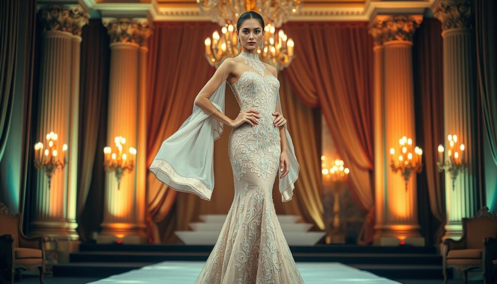 A luxurious runway showcasing a couture ensemble from the exclusive Luxe Vault collection. The model strikes a regal pose, adorned in a shimmering evening gown with cascading chiffon sleeves and a dramatic train. Intricate embroidery and hand-beaded accents glisten under the carefully crafted lighting, creating an opulent and captivating display. The background features a sophisticated setting, perhaps a grand ballroom or opulent stage, with ornate architectural details and lush drapery framing the scene. The overall atmosphere exudes a sense of extravagance, elegance, and the pinnacle of high-fashion artistry.