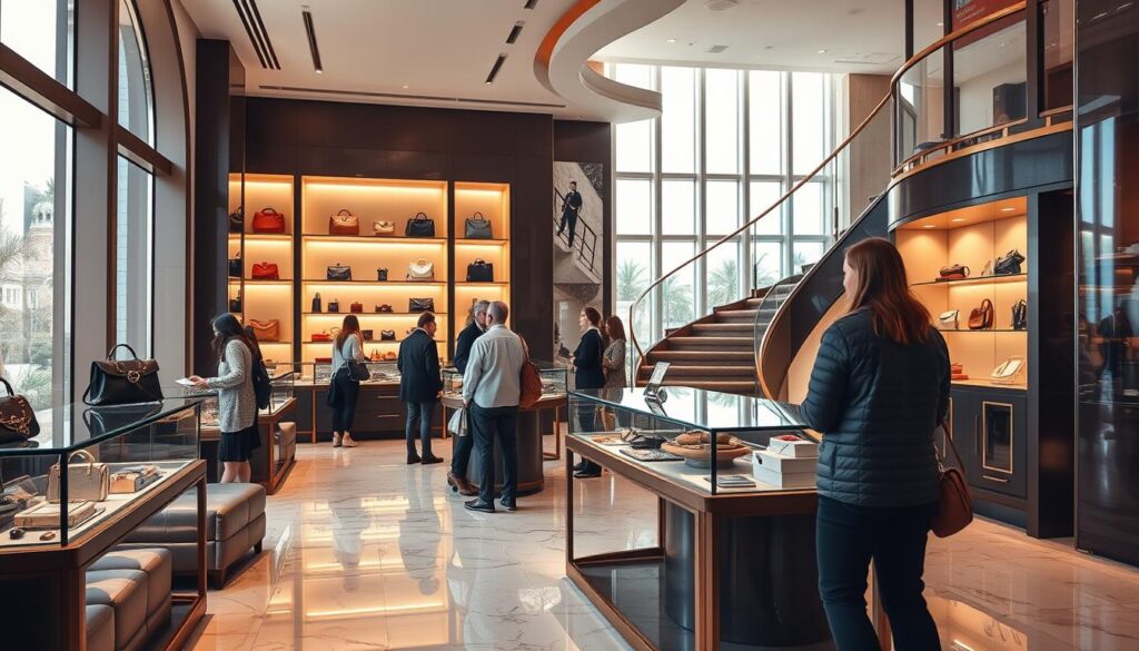 A luxurious shopping experience unfolds within the opulent interiors of Luxe Vault. Soft natural lighting filters through expansive windows, casting a warm glow on the richly-textured leather goods and gleaming glass display cases. Customers browse with a sense of exclusivity, their reflections visible in the polished marble floors. In the background, elegant shelving showcases the latest designer handbags, while a curved staircase leads to a mezzanine level brimming with fine jewelry and accessories. The overall atmosphere exudes sophistication, inviting shoppers to indulge in a personalized, high-end retail journey.