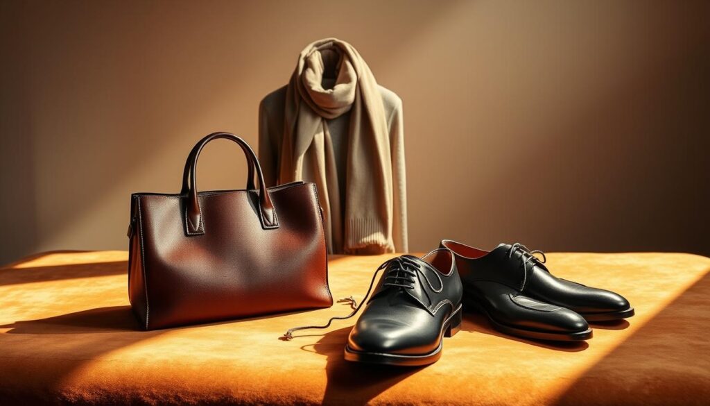 A luxurious still life arrangement showcasing exclusive designer fashion investment pieces from the Luxe Vault collection. In the foreground, a high-end leather handbag and a pair of premium Italian leather shoes are displayed on a plush velvet surface, illuminated by warm, directional lighting that casts dramatic shadows. In the middle ground, a silk scarf and a cashmere sweater are elegantly draped, hinting at the quality and craftsmanship of these timeless wardrobe essentials. The background features a minimalist, elegant backdrop, creating a sophisticated and aspirational atmosphere to emphasize the enduring value of these luxury fashion items.