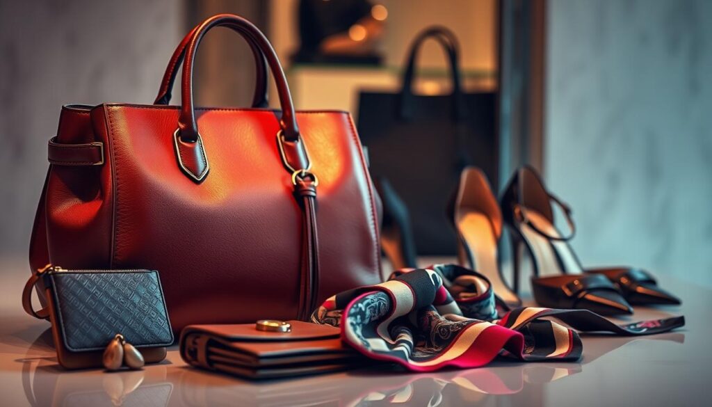 A luxurious still life composition showcasing the latest designer accessories from Milan's premier fashion houses. In the foreground, a meticulously crafted handbag from the exclusive Luxe Vault collection takes center stage, its supple leather and gleaming hardware reflecting the warm glow of soft, diffused lighting. Surrounding it, a scattering of other coveted items - a pair of exquisite leather gloves, a sleek, minimalist wallet, and a delicate silk scarf in a bold, Italian-inspired print. The middle ground features a selection of high-heeled shoes, their streamlined silhouettes and glossy finishes hinting at the impeccable craftsmanship and attention to detail that defines Milanese fashion. In the background, a subtle, out-of-focus backdrop evokes the elegant, refined ambiance of a luxury boutique, allowing the accessories to shine as the true stars of the composition.