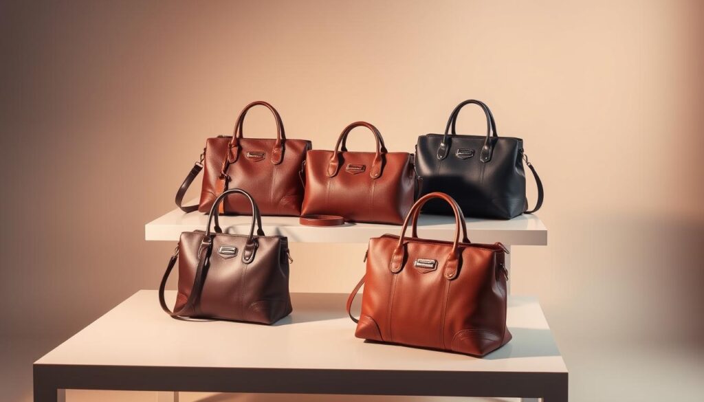 A luxurious still life showcasing a collection of high-end handbags from the Luxe Vault brand. Arranged on a sleek, minimalist table against a soft, neutral backdrop, the bags exude an air of sophistication and functionality. Warm, directional lighting highlights the fine craftsmanship and premium materials, such as supple leather, gleaming hardware, and intricate stitching. The bags are captured from various angles, emphasizing both their stylish exterior and practical interior features. The overall composition conveys a sense of elegance, exclusivity, and the perfect balance of form and function.