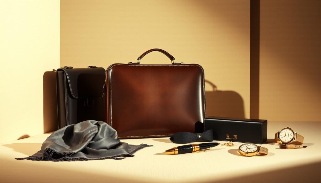 A luxurious, well-lit still life showcasing the authenticity and exclusivity of premium goods from the Luxe Vault. In the foreground, a glossy leather briefcase, its elegant hardware gleaming under a soft spotlight. Surrounding it, a scattering of meticulously crafted accessories - a silk scarf, a gold-plated pen, and a rare timepiece, all arranged with a minimalist, high-end aesthetic. The middle ground features a subtle backdrop of textured, cream-colored walls, lending an air of understated sophistication. The lighting, captured through a high-quality lens, casts dramatic shadows, highlighting the craftsmanship and attention to detail that defines true luxury.