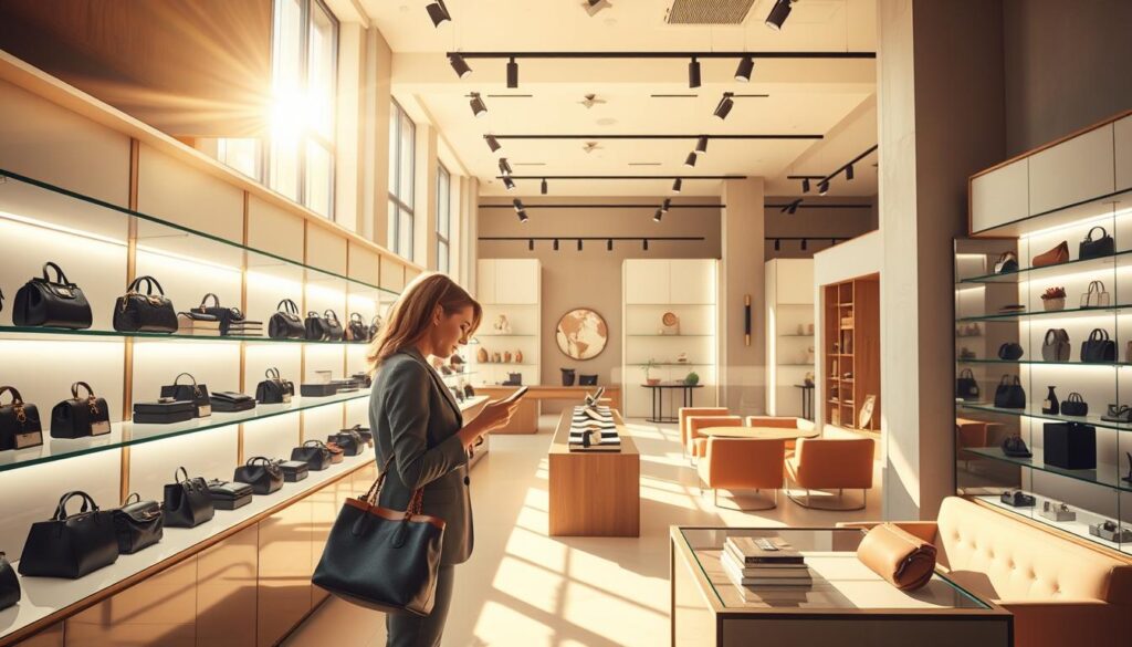 A luxurious yet accessible high-end market, the Luxe Vault showcases an array of curated, affordable premium goods. Sunlight filters through large windows, casting a warm glow over sleek display shelves stocked with meticulously crafted products. In the foreground, a well-dressed customer examines a stylish handbag, considering its quality and value. In the middle ground, tasteful decor and minimalist furnishings create an aspirational yet welcoming ambiance. The background reveals a modern, open-concept layout with clean lines and a neutral color palette, conveying a sense of sophisticated simplicity. This scene evokes the psychological appeal of accessible luxury - the ability to acquire premium items without the typical high-end price tag.