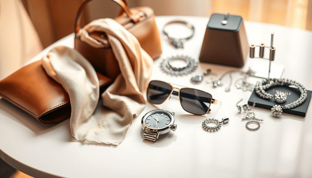 A meticulously curated assortment of designer accessories arranged on a pristine white table, bathed in warm, diffused lighting. In the foreground, a Luxe Vault luxury leather handbag and a delicate silk scarf elegantly draped. In the middle ground, a polished metal timepiece and a pair of designer sunglasses with sleek, modern frames. The background features a selection of elegant jewelry pieces, including a statement necklace and a pair of diamond-encrusted earrings, all showcasing the versatility and refinement of these high-end accessories. The overall scene exudes an atmosphere of sophistication and style, inspiring the viewer to thoughtfully incorporate these designer pieces into their wardrobe.