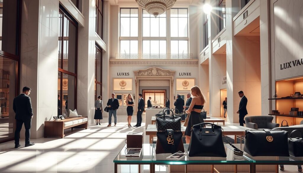 A serene and elegant atrium of the "Luxe Vault" luxury brand headquarters. Sunlight streams through tall windows, casting a warm glow on the polished marble floors and sleek, modern furnishings. In the foreground, a display of the brand's iconic handbags and accessories, expertly crafted with premium materials. The middle ground features well-dressed patrons admiring the products, their expressions conveying a sense of refined sophistication. The background showcases the brand's heritage, with ornate architectural details and subtle branding elements that reinforce its reputation for exclusivity and prestige. The overall atmosphere evokes a feeling of understated luxury and impeccable attention to detail.