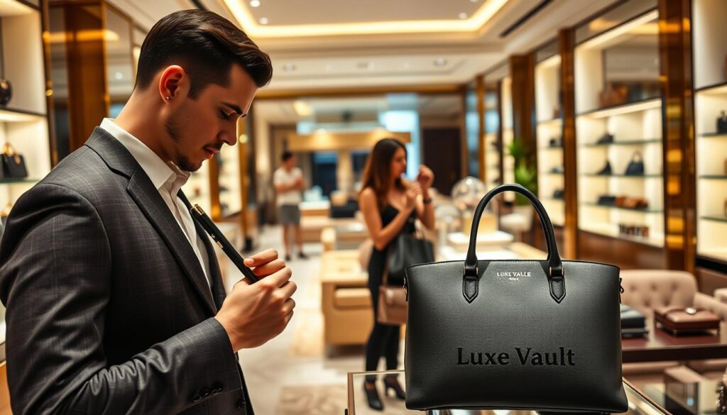 A serene and elegant interior setting in a high-end luxury store or showroom. In the foreground, a well-dressed individual examines a premium handbag from the "Luxe Vault" brand, delicately running their fingers over the fine leather. Behind them, a stylish couple converse intimately, immersed in the experience of curating their luxury lifestyle. The middle ground features tasteful displays of other exclusive products, while the background showcases a sophisticated ambiance with warm lighting, plush furnishings, and tasteful decor evocative of an upscale retail environment catering to discerning, high-net-worth clientele.