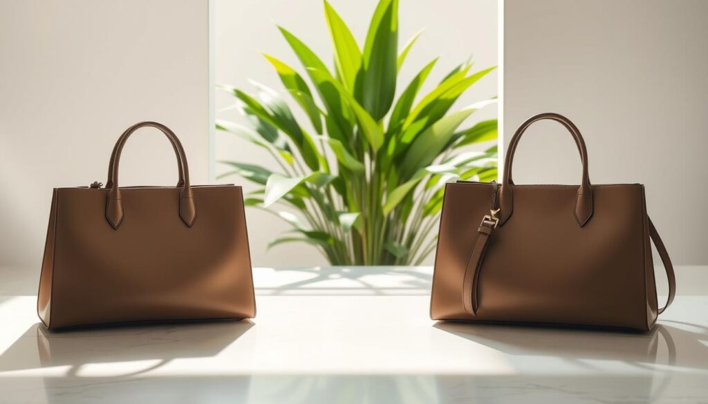 A serene and minimalist scene showcasing the Luxe Vault brand's commitment to sustainability. In the foreground, a gleaming display of luxurious handbags crafted from recycled materials, their sleek lines and muted tones reflecting an elegant, eco-conscious design. In the middle ground, a backdrop of lush, verdant foliage, symbolizing the brand's dedication to environmental preservation. Soft, natural lighting bathes the scene, casting a warm and inviting glow. The overall composition conveys a sense of harmony between luxury and sustainability, highlighting Luxe Vault's innovative approach to conscious consumerism.