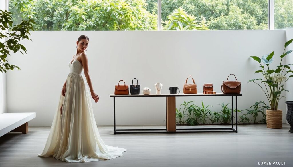 A serene fashion atelier showcasing the latest Luxe Vault sustainable collection. In the foreground, a model gracefully poses, showcasing an elegant, eco-friendly gown crafted from recycled fabrics. The middle ground features a minimalist display of accessories, including bags and jewelry, all made from sustainable materials. The background depicts a calming, natural setting with lush greenery and soft, diffused lighting, evoking a sense of harmony between fashion and the environment. The overall scene conveys the beauty and importance of eco-friendly practices in the luxury fashion industry.