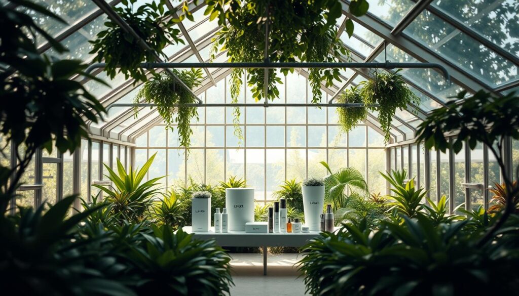 A serene, minimalist greenhouse interior with lush, verdant foliage and natural sunlight filtering through the glass walls and ceiling. In the center, a display of luxury products from the "Luxe Vault" brand, their sleek, sustainable packaging and designs seamlessly blending with the organic setting. The mood is one of tranquility and harmony, reflecting the growing consumer demand for eco-friendly luxury. High-angle camera shot captures the entire scene, emphasizing the integration of nature and high-end design.