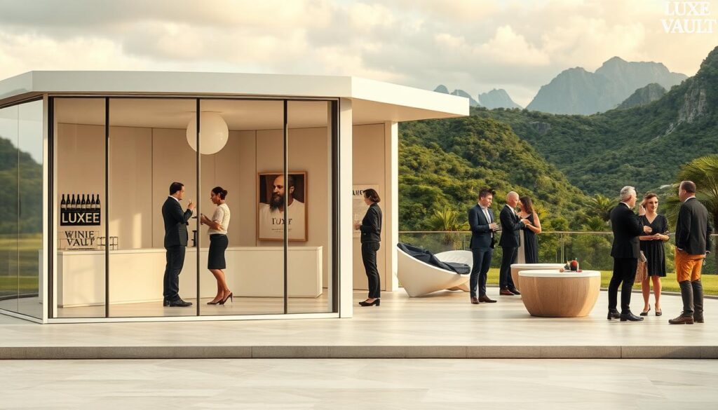 A serene outdoor scene with a modern, minimalist Luxe Vault pavilion showcasing high-end experiential luxury offerings. The pavilion features floor-to-ceiling glass walls, allowing natural light to flood the interior. A stylish group of well-dressed individuals are engaged in various elevated activities - wine tasting, art appreciation, spa treatments - immersed in tactile, sensory experiences. The background depicts a lush, verdant landscape with towering mountains, conveying a sense of tranquility and exclusivity. Soft, diffused lighting and a warm color palette create an atmosphere of refined sophistication. The overall scene embodies the shift towards prioritizing exclusive, personalized luxury experiences over material goods.